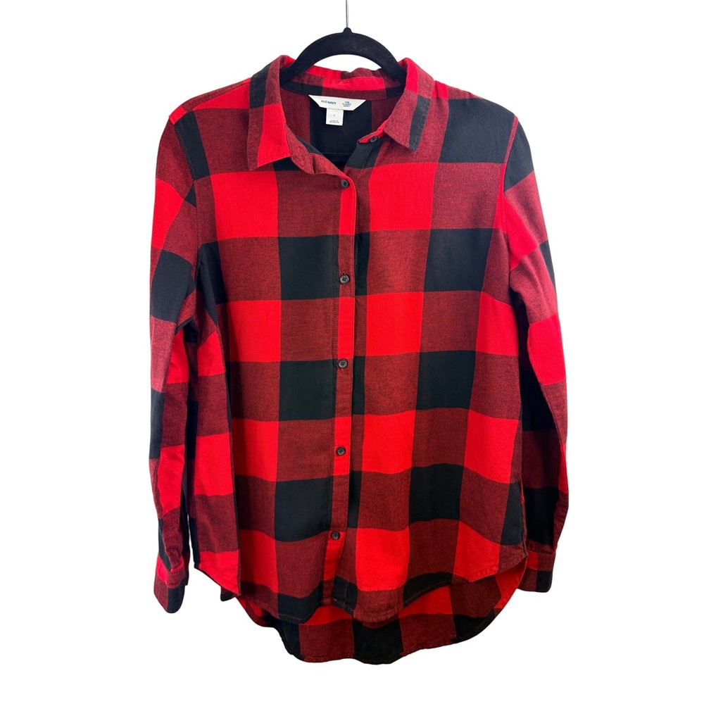 Old Navy Red Black Buffalo Plaid Classic Shirt‎ Button Up Top Womens Sz L Comfy